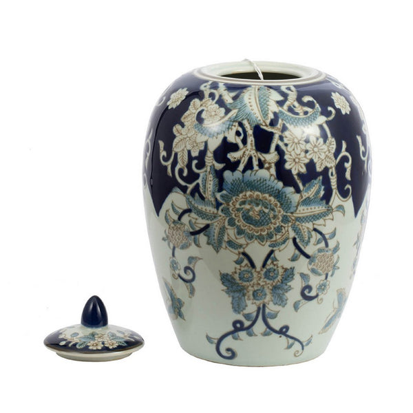 Botanical Ginger Jar with Lid, Blue White Floral Motifs, 11 Inch - BM350879