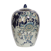 Botanical Ginger Jar with Lid, Blue White Floral Motifs, 11 Inch - BM350879