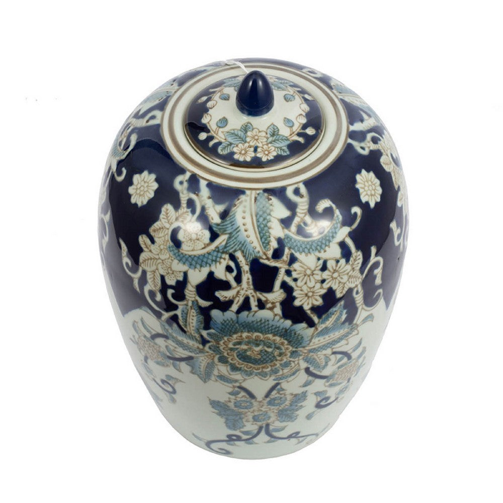 Botanical Ginger Jar with Lid, Blue White Floral Motifs, 11 Inch - BM350879