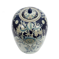 Botanical Ginger Jar with Lid, Blue White Floral Motifs, 11 Inch - BM350879