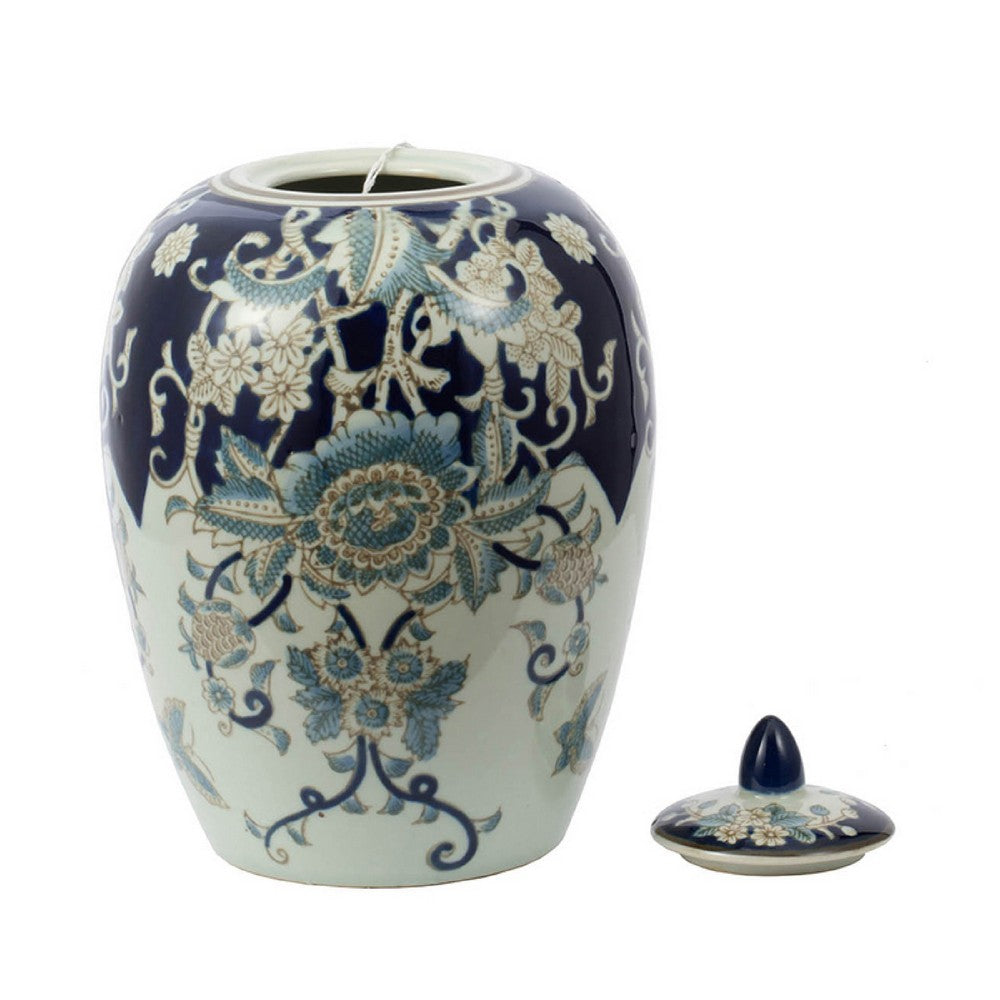 Botanical Ginger Jar with Lid, Blue White Floral Motifs, 11 Inch - BM350879