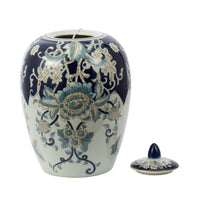 Botanical Ginger Jar with Lid, Blue White Floral Motifs, 11 Inch - BM350879