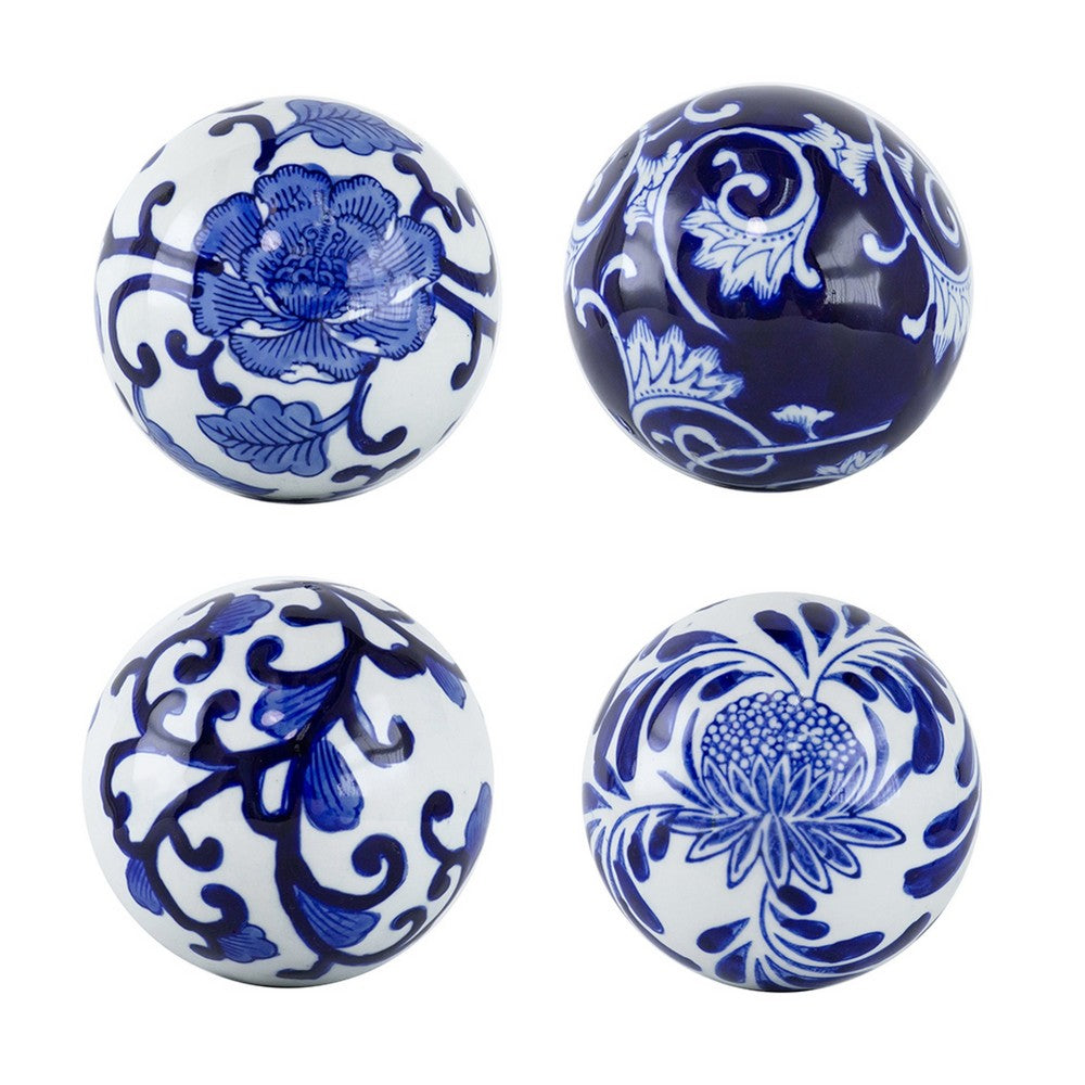 3pc Decorative Orbs Balls Set, Glossy Blue White Porcelain, Floral Motifs - BM350880