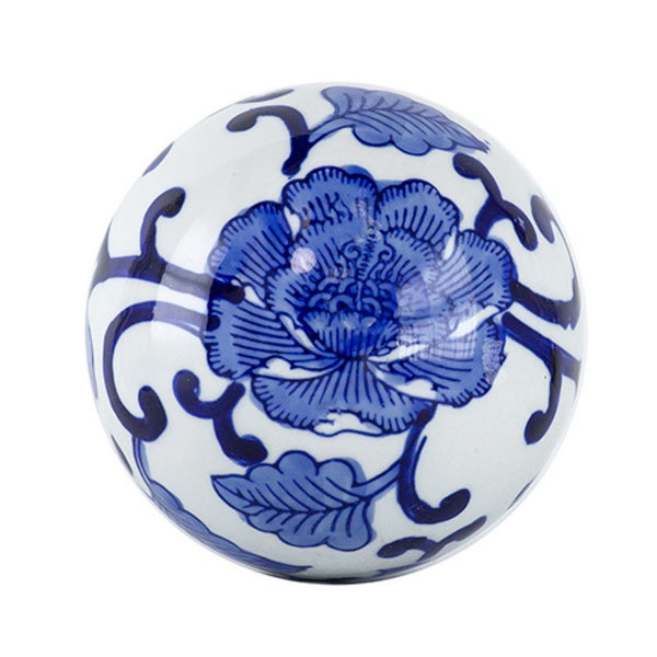 3pc Decorative Orbs Balls Set, Glossy Blue White Porcelain, Floral Motifs - BM350880