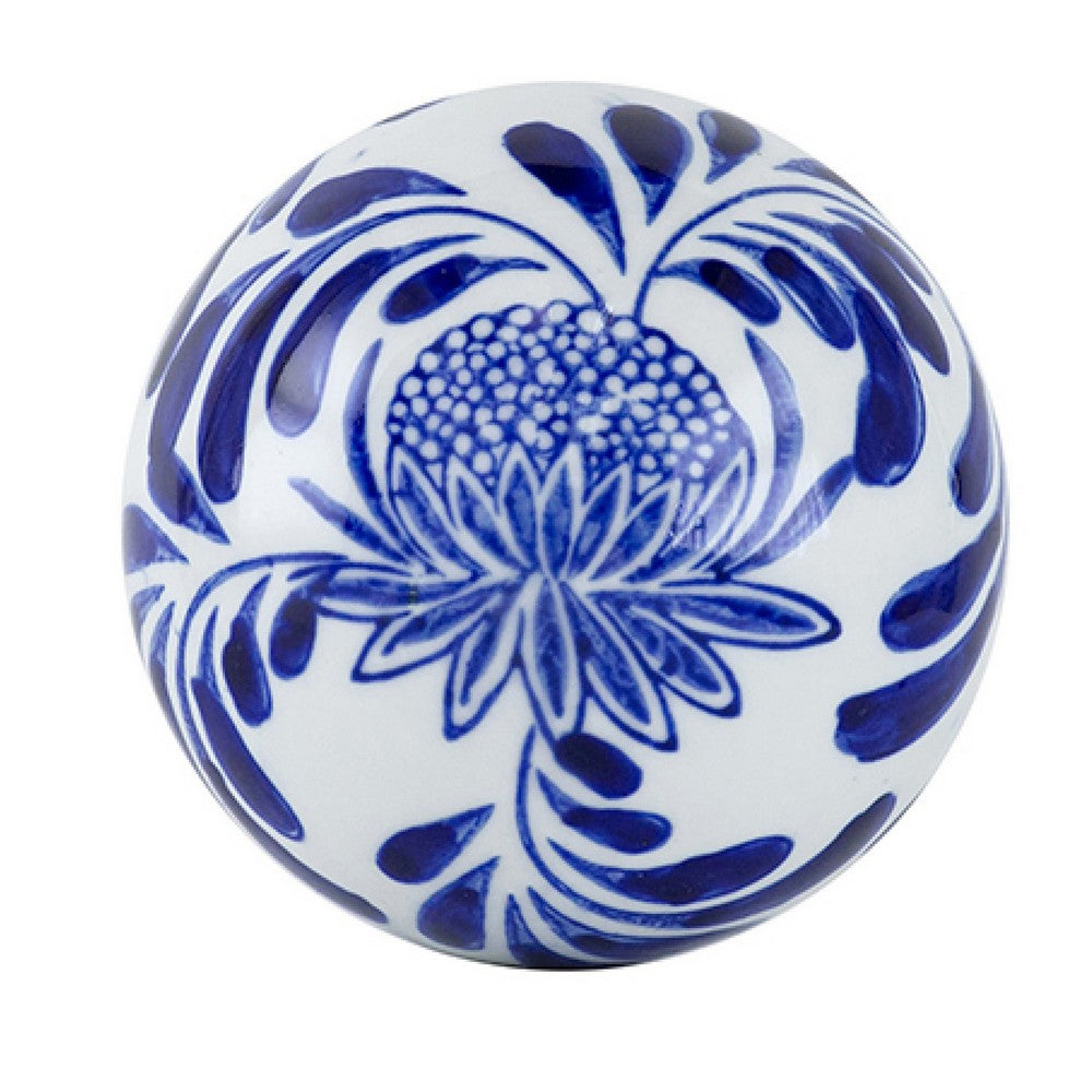 3pc Decorative Orbs Balls Set, Glossy Blue White Porcelain, Floral Motifs - BM350880