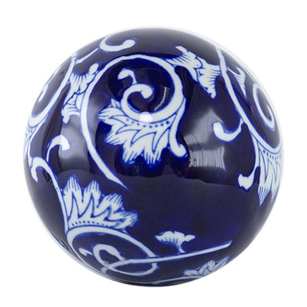3pc Decorative Orbs Balls Set, Glossy Blue White Porcelain, Floral Motifs - BM350880