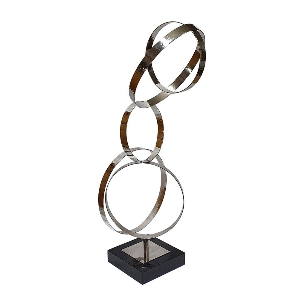 Haren Large Sculpture, Silver Steel Intertwined Rings, Black Marble 23 Inch - BM350883