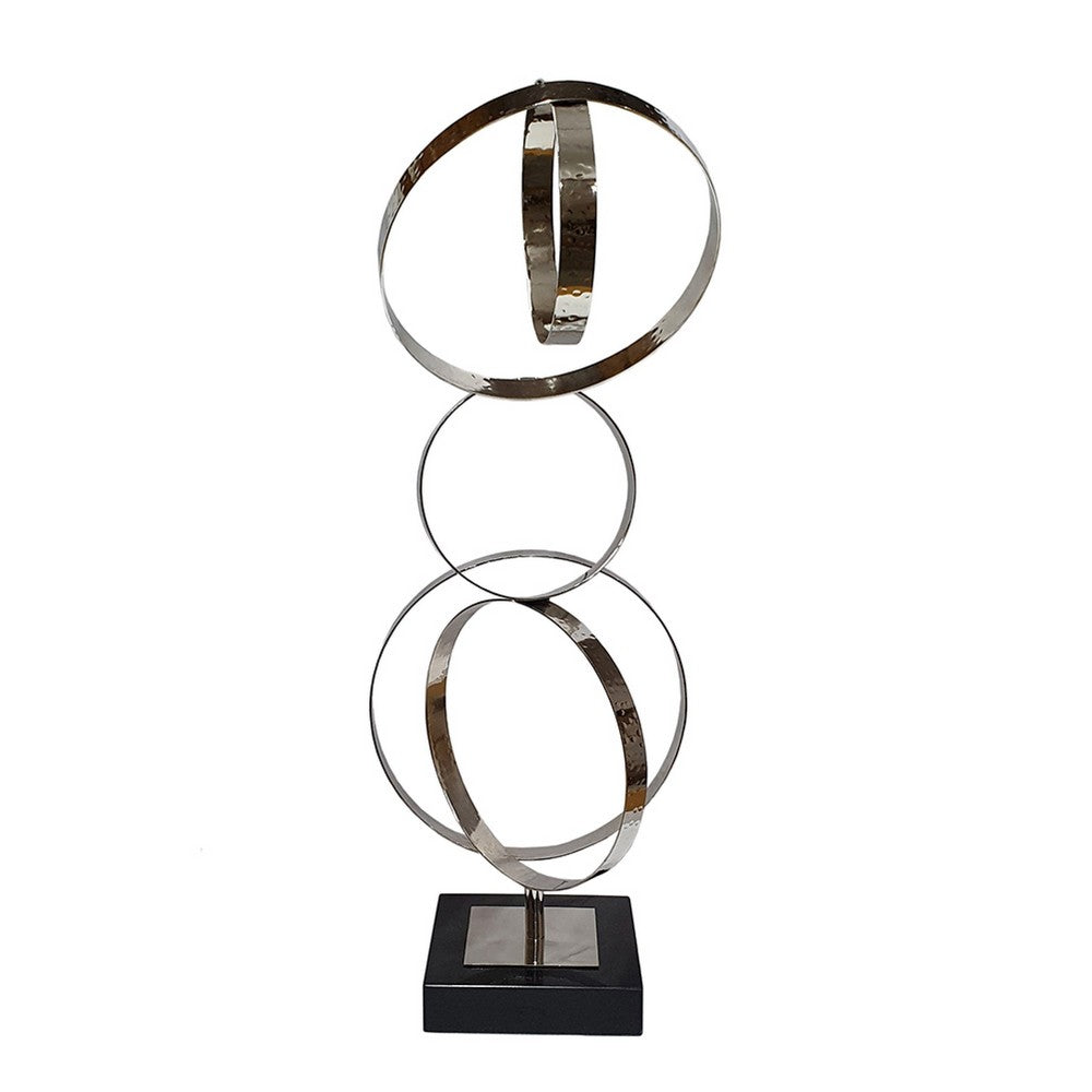 Haren Large Sculpture, Silver Steel Intertwined Rings, Black Marble 23 Inch - BM350883
