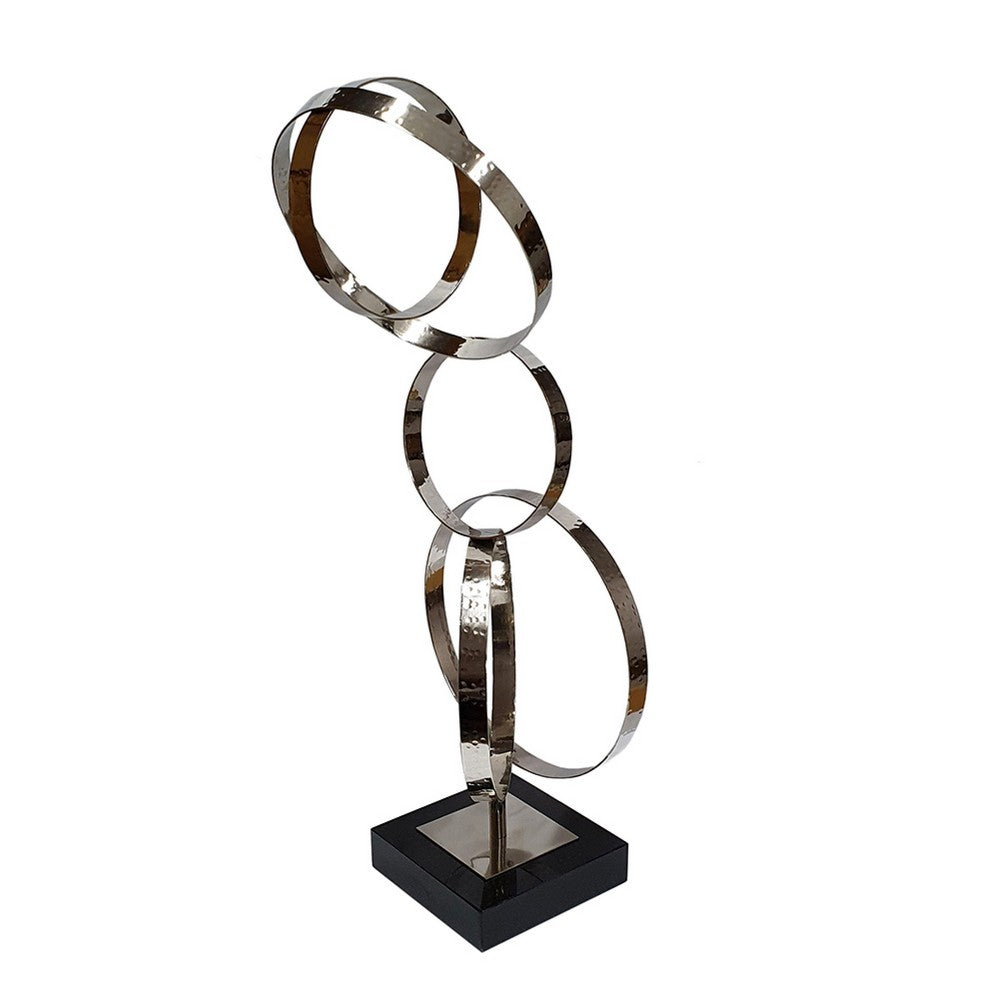 Haren Large Sculpture, Silver Steel Intertwined Rings, Black Marble 23 Inch - BM350883