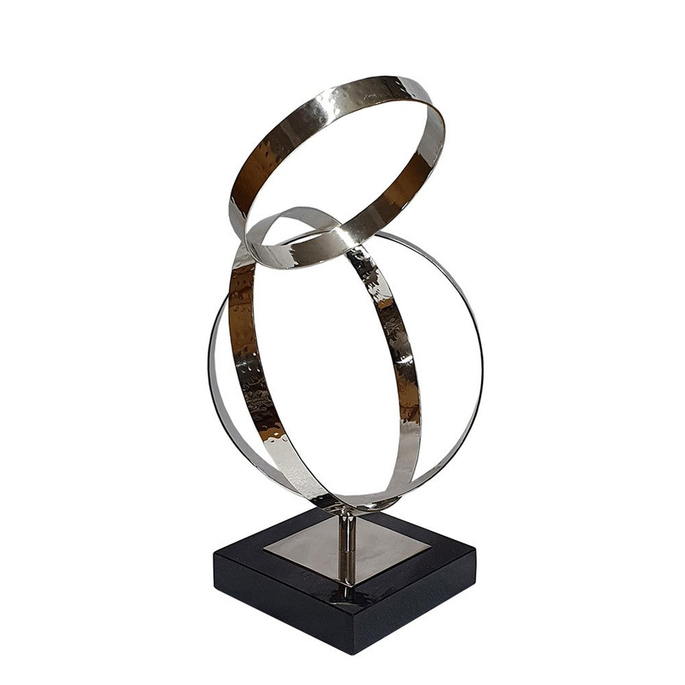 Haren Small Sculpture, Silver Steel Intertwined Rings, Black Marble 15 Inch - BM350884