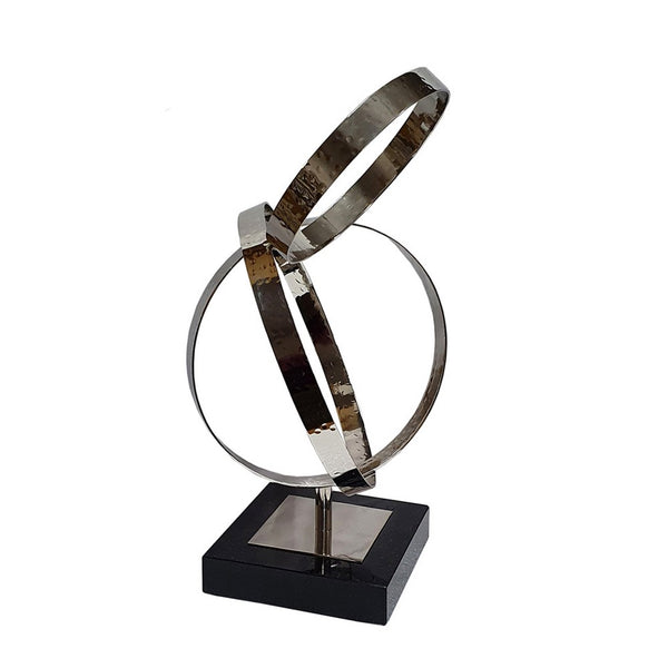 Haren Small Sculpture, Silver Steel Intertwined Rings, Black Marble 15 Inch - BM350884