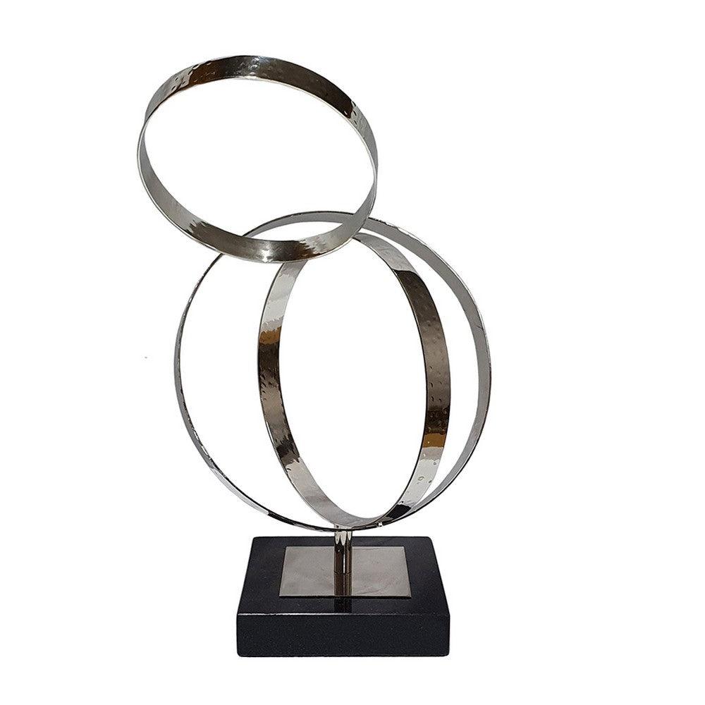 Haren Small Sculpture, Silver Steel Intertwined Rings, Black Marble 15 Inch - BM350884
