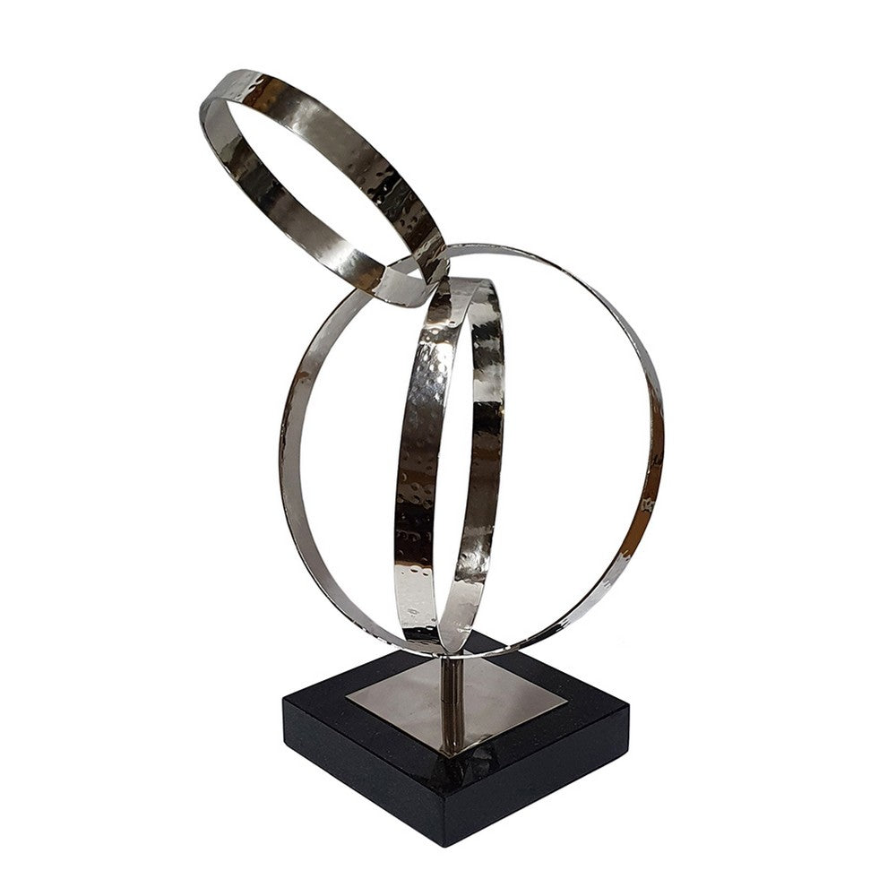 Haren Small Sculpture, Silver Steel Intertwined Rings, Black Marble 15 Inch - BM350884