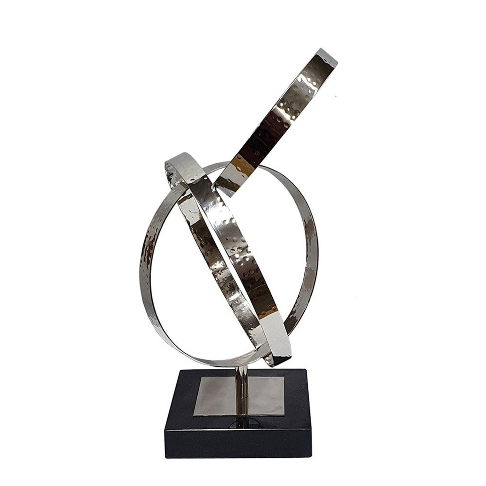 Haren Small Sculpture, Silver Steel Intertwined Rings, Black Marble 15 Inch - BM350884