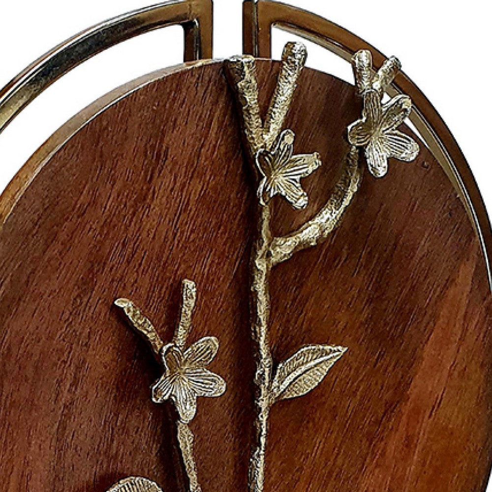 Orion Blossom Sculpture with Marble Base, Brown Wood, Gold Metal 17 Inch - BM350886