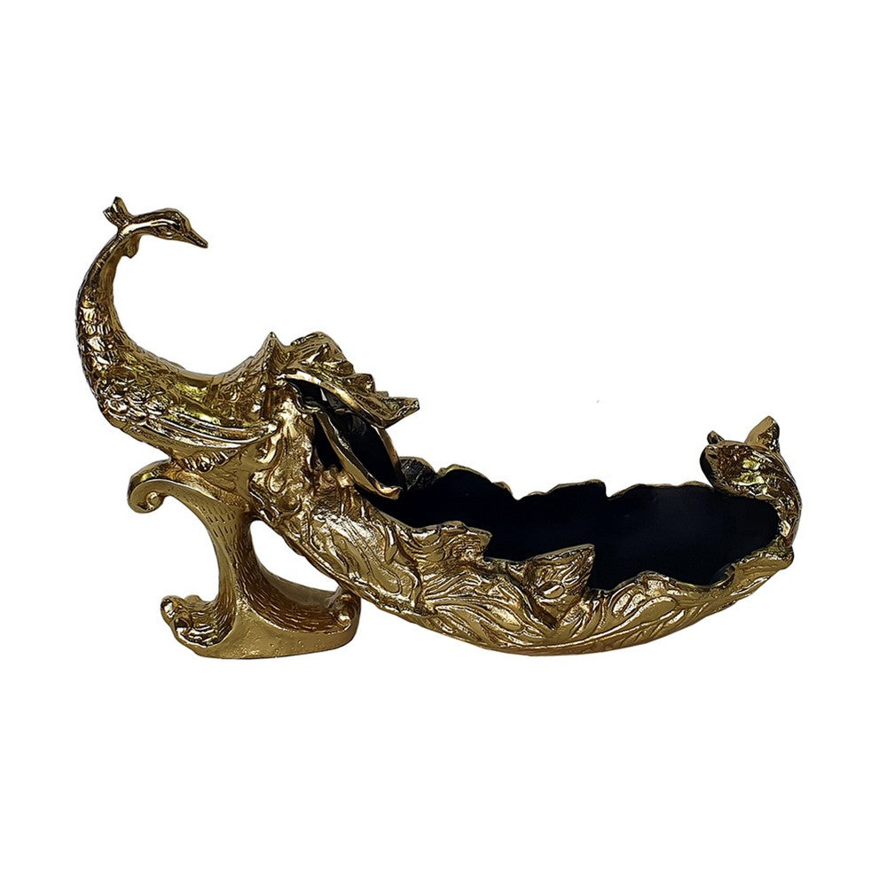 Tabletop Decor, Peacock Sculpture with Bowl Section, Gold and Black 23 Inch - BM350887