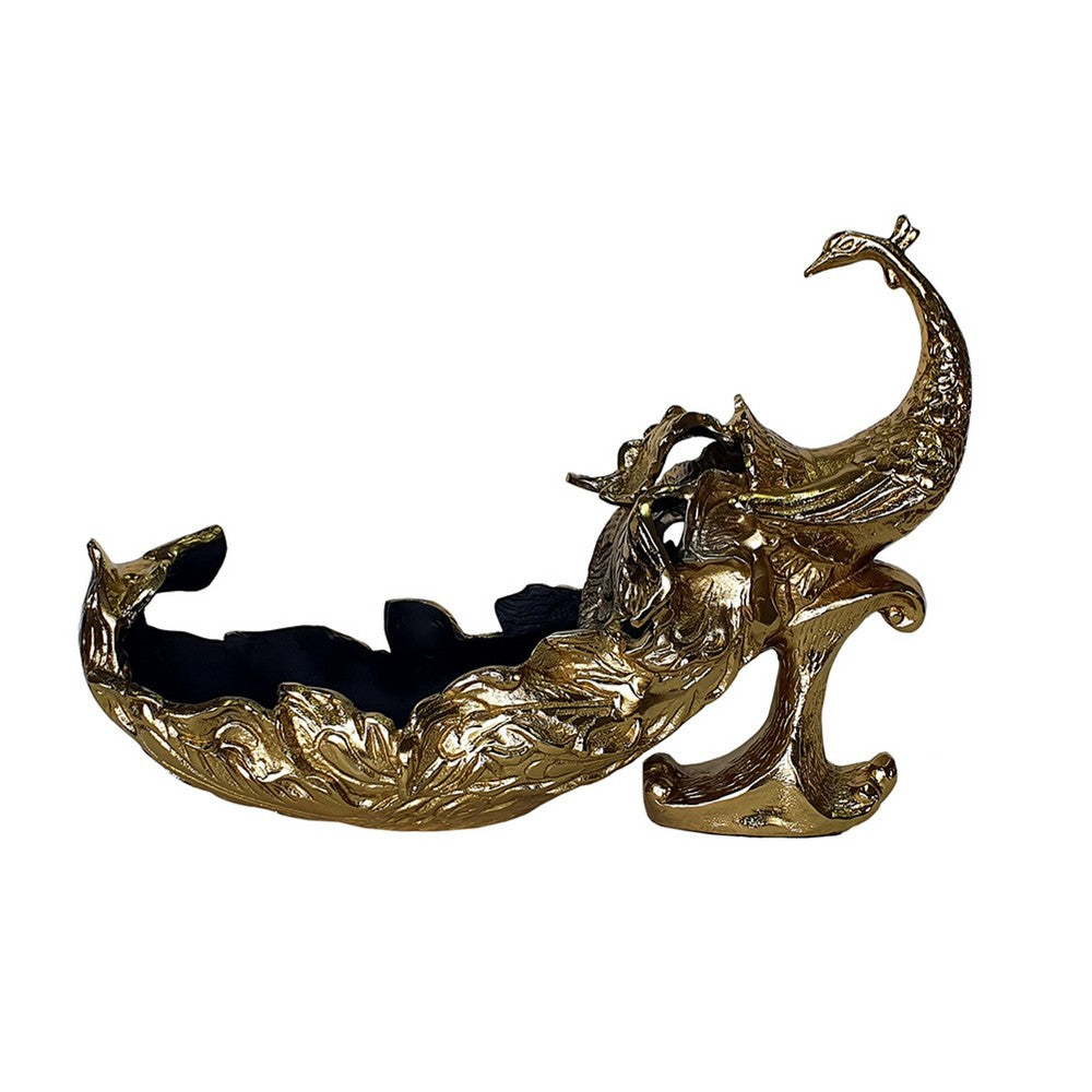 Tabletop Decor, Peacock Sculpture with Bowl Section, Gold and Black 23 Inch - BM350887