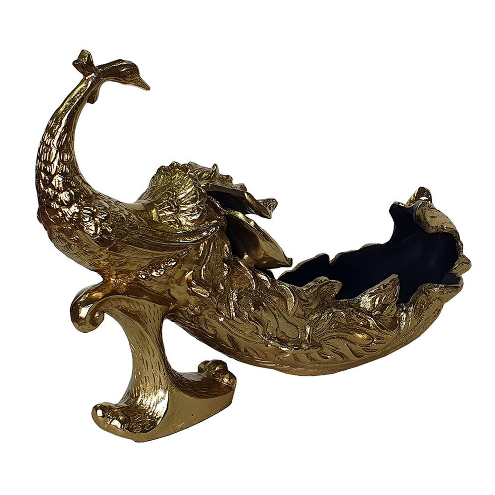 Tabletop Decor, Peacock Sculpture with Bowl Section, Gold and Black 23 Inch - BM350887