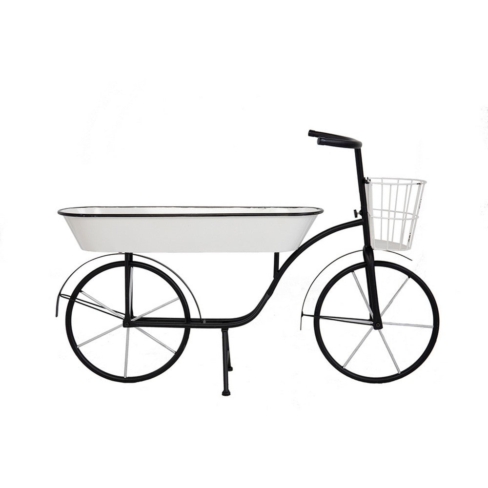 Indoor Outdoor Bicycle Plant Stand with Basket, White, 39 Inch Black Iron - BM350888