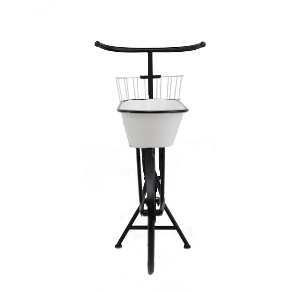 Indoor Outdoor Bicycle Plant Stand with Basket, White, 39 Inch Black Iron - BM350888