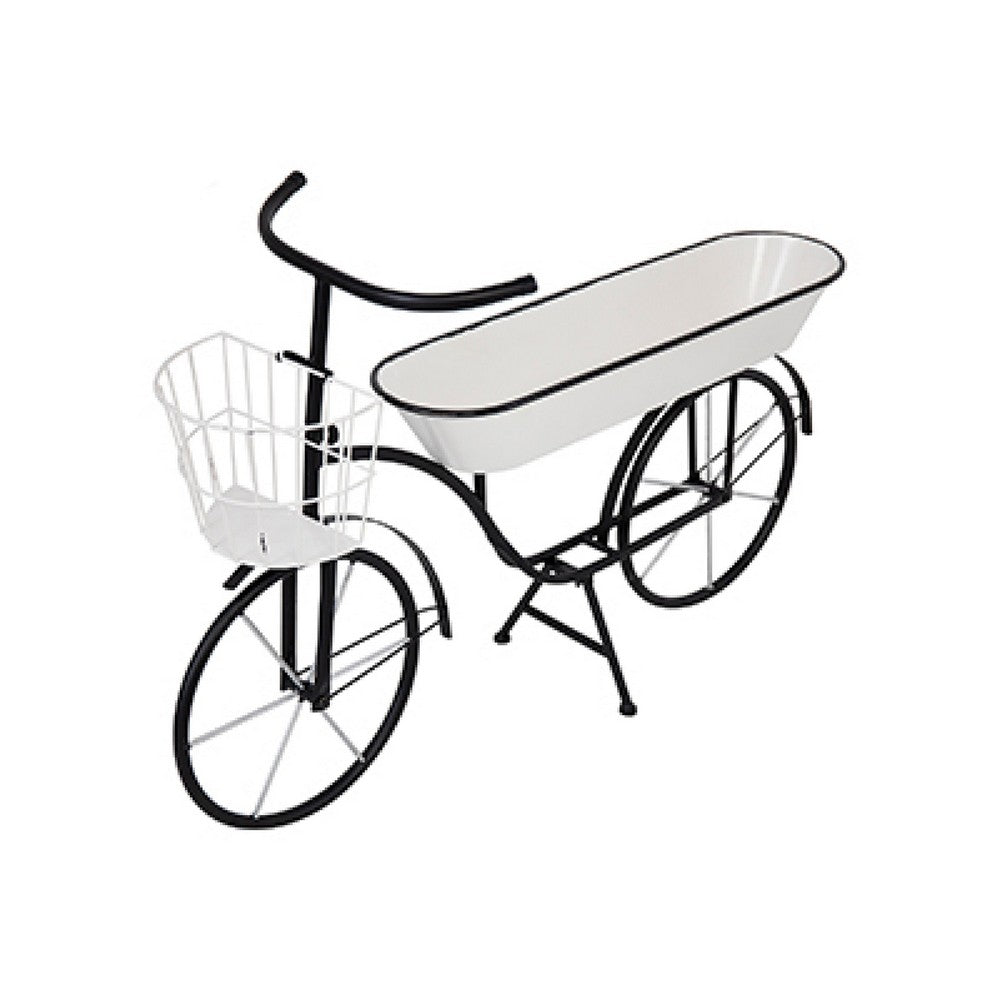 Indoor Outdoor Bicycle Plant Stand with Basket, White, 39 Inch Black Iron - BM350888