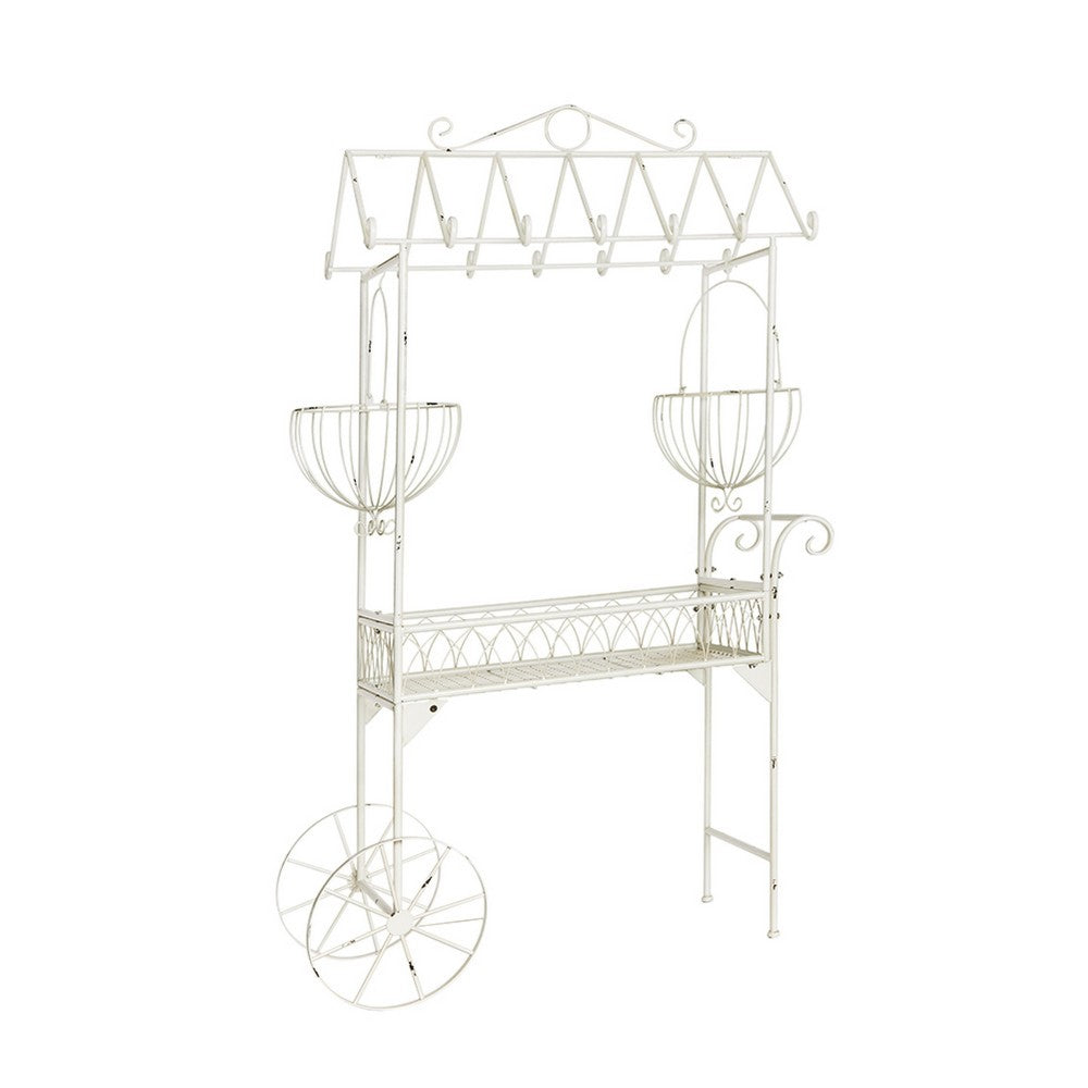 Flower Pushcart Plant Stand, 2 Baskets and Central Tray, White Iron 55 Inch - BM350889