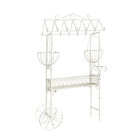 Flower Pushcart Plant Stand, 2 Baskets and Central Tray, White Iron 55 Inch - BM350889
