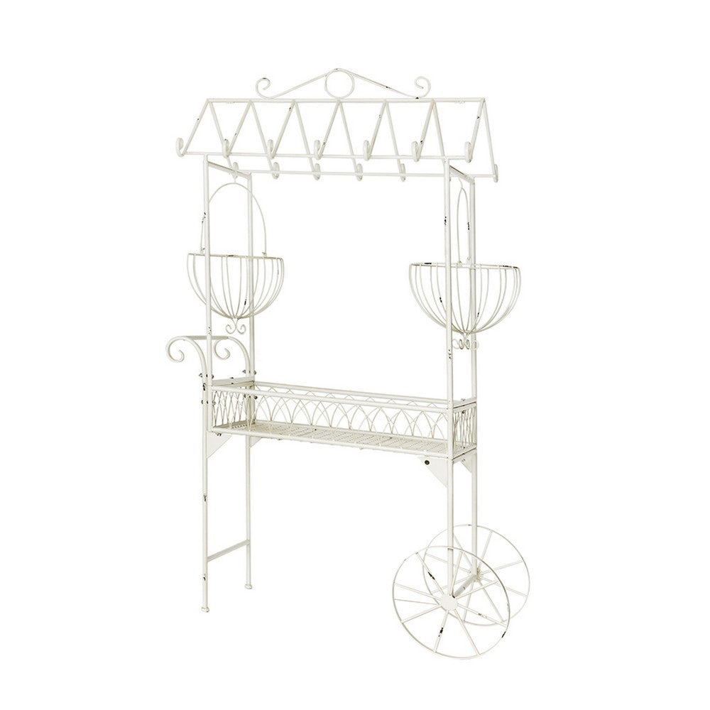 Flower Pushcart Plant Stand, 2 Baskets and Central Tray, White Iron 55 Inch - BM350889