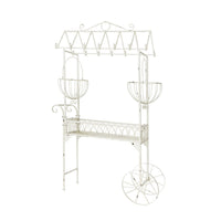 Flower Pushcart Plant Stand, 2 Baskets and Central Tray, White Iron 55 Inch - BM350889