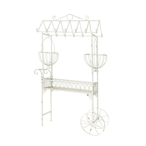 Flower Pushcart Plant Stand, 2 Baskets and Central Tray, White Iron 55 Inch - BM350889