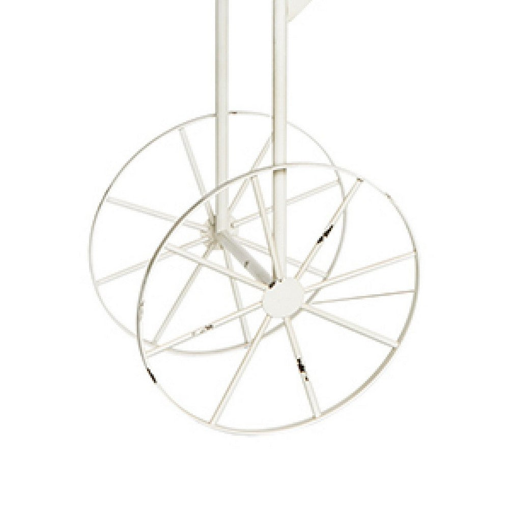 Flower Pushcart Plant Stand, 2 Baskets and Central Tray, White Iron 55 Inch - BM350889