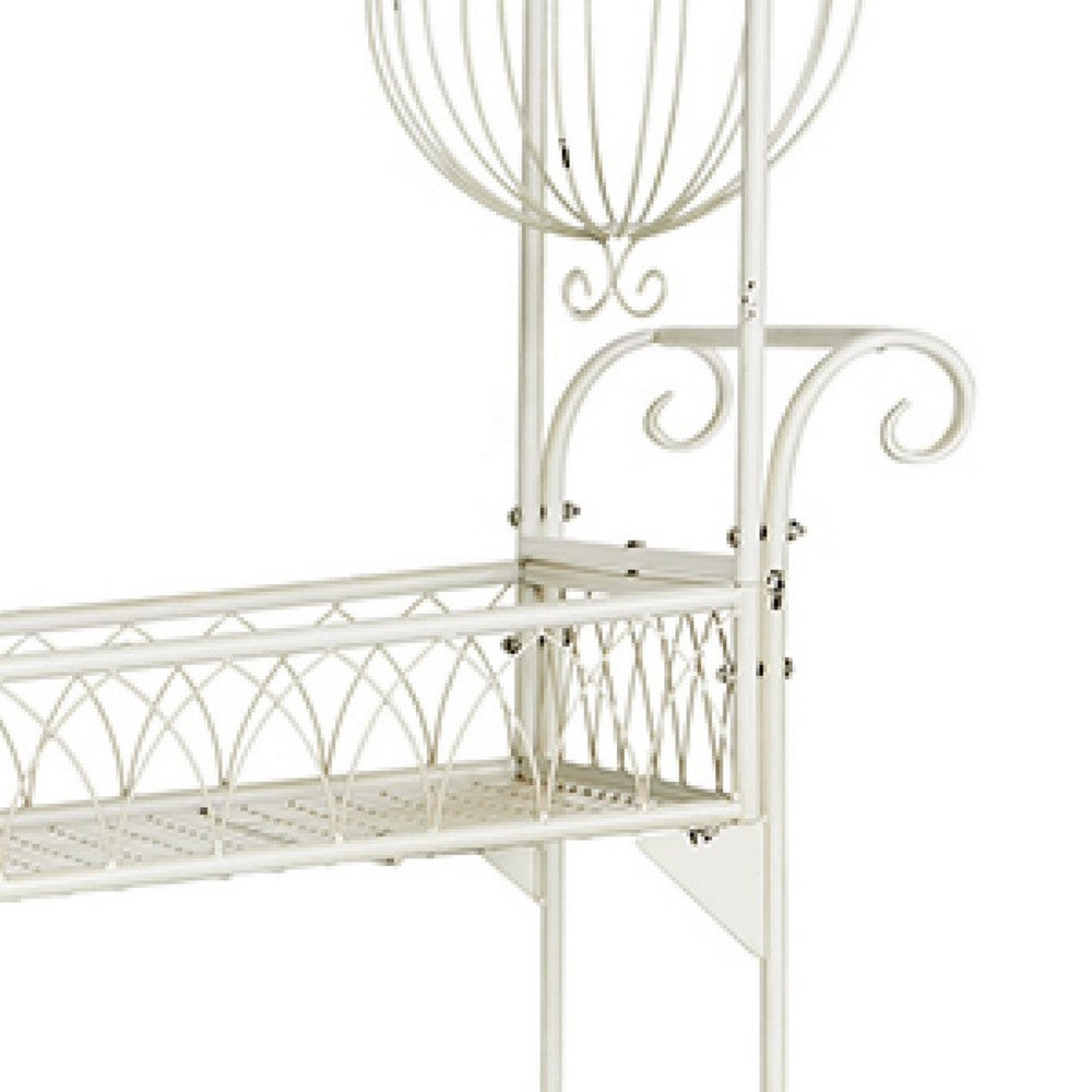 Flower Pushcart Plant Stand, 2 Baskets and Central Tray, White Iron 55 Inch - BM350889