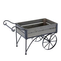 Trolley Cart Plant Stand, Vintage Style, Gray Wood, Black Metal, 24 Inch - BM350890
