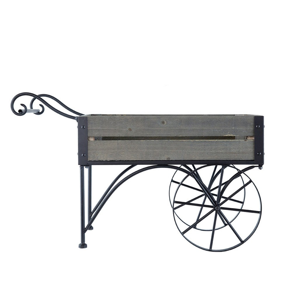 Trolley Cart Plant Stand, Vintage Style, Gray Wood, Black Metal, 24 Inch - BM350890
