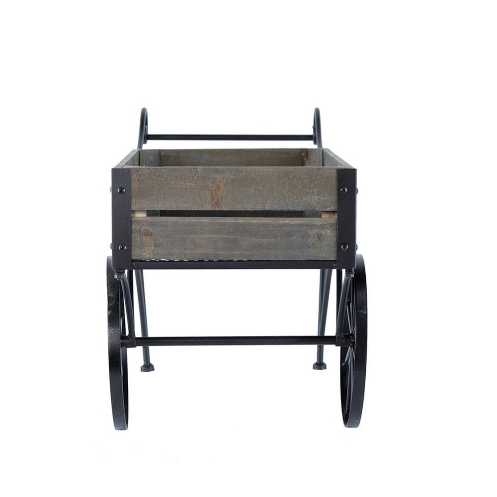 Trolley Cart Plant Stand, Vintage Style, Gray Wood, Black Metal, 24 Inch - BM350890