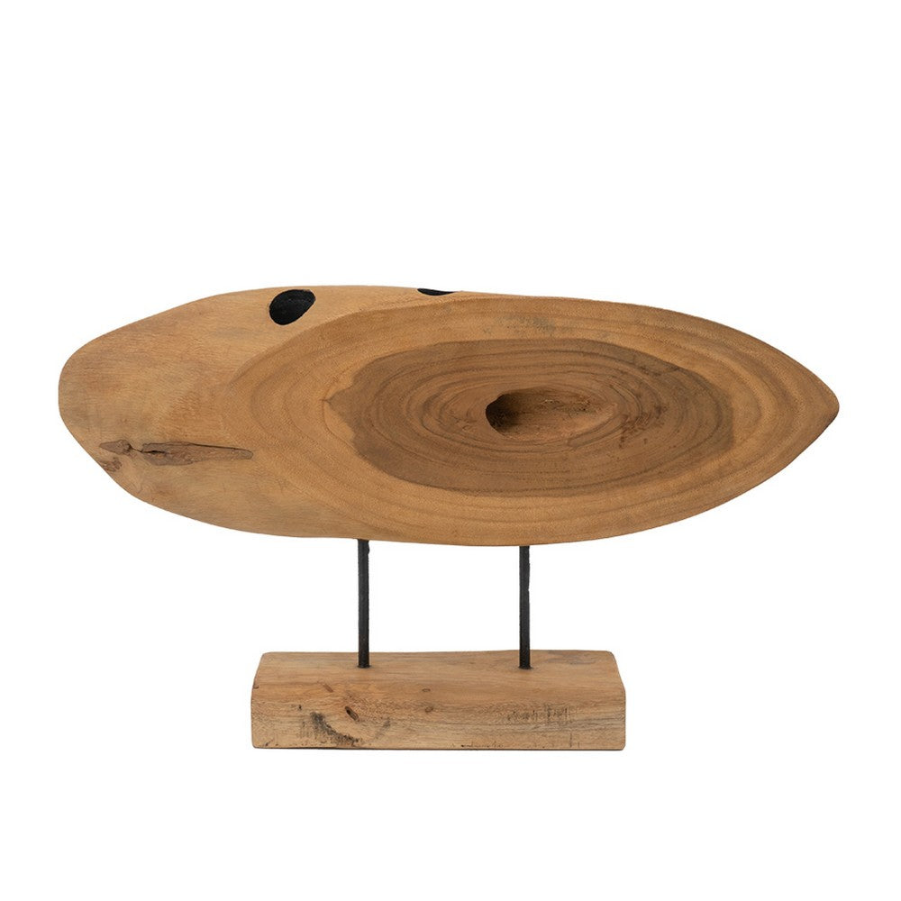 Upin Abstract Oval Sculpture on Base, Brown Wood Black Metal, 16 Inch - BM350895