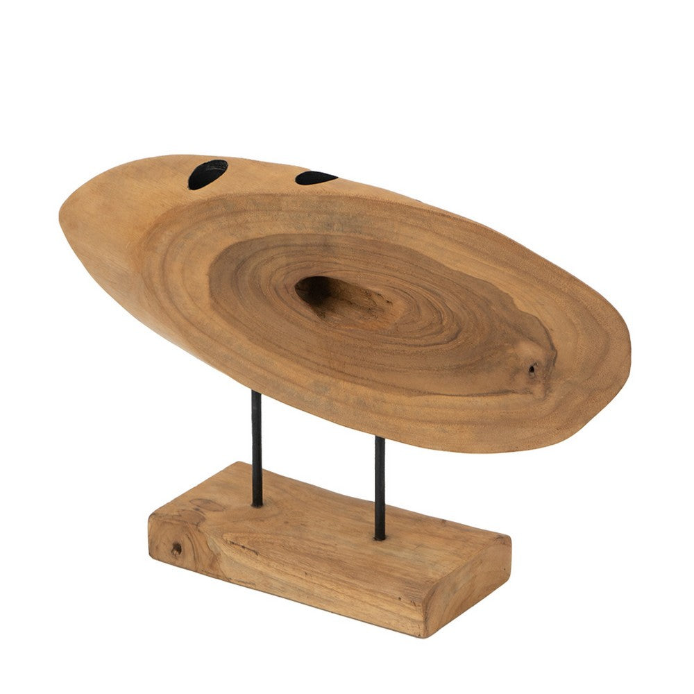 Upin Abstract Oval Sculpture on Base, Brown Wood Black Metal, 16 Inch - BM350895