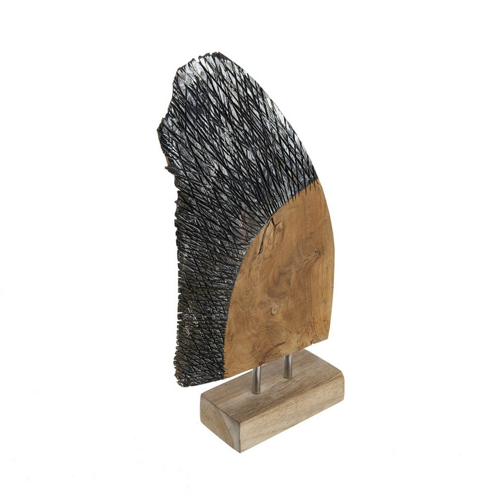 Upin Abstract Wing Sculpture on Base, Brown Wood, Black Metal, 16 Inch - BM350896