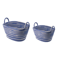 Benny Oval Baskets Set of 2, Striped Pattern, Blue-White Cotton 20 18 Inch - BM350897