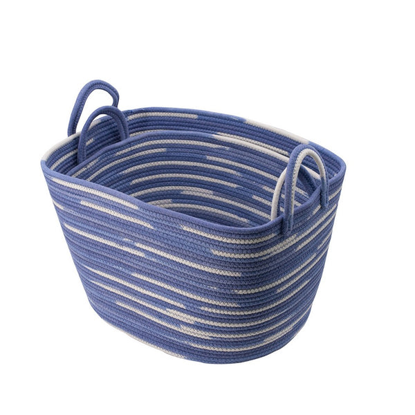 Benny Oval Baskets Set of 2, Striped Pattern, Blue-White Cotton 20 18 Inch - BM350897