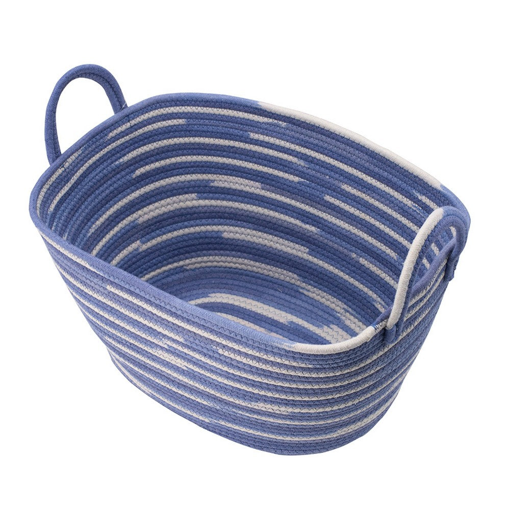 Benny Oval Baskets Set of 2, Striped Pattern, Blue-White Cotton 20 18 Inch - BM350897