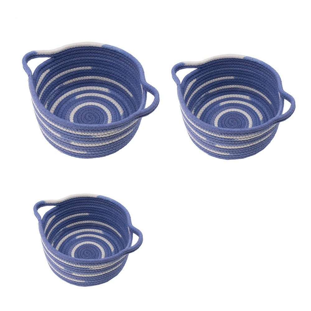 Tex Baskets with Integrated Handles Set of 3, Blue, White Cotton 10,9,8 Inch - BM350898
