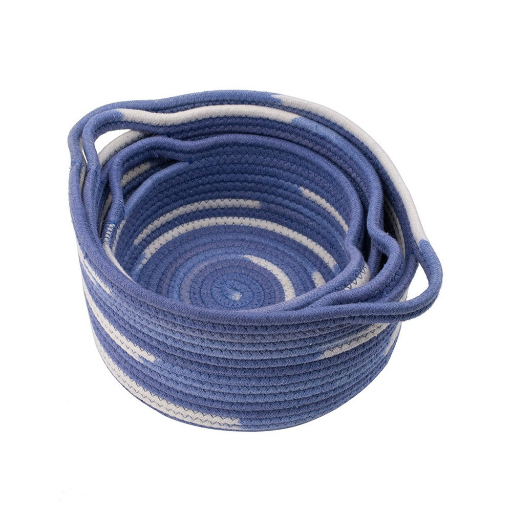 Tex Baskets with Integrated Handles Set of 3, Blue, White Cotton 10,9,8 Inch - BM350898