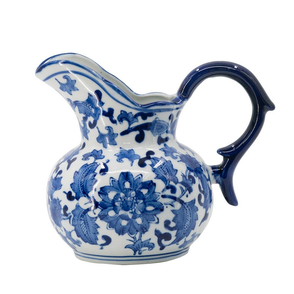 Esme Decorative Milk Jar Accent, Floral Motif Blue White Porcelain 8 Inch - BM350907