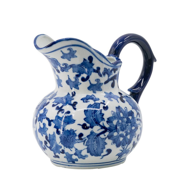 Esme Decorative Milk Jar Accent, Floral Motif Blue White Porcelain 8 Inch - BM350907