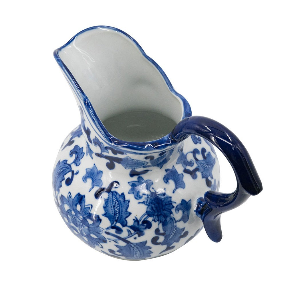 Esme Decorative Milk Jar Accent, Floral Motif Blue White Porcelain 8 Inch - BM350907