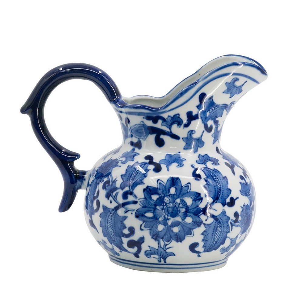 Esme Decorative Milk Jar Accent, Floral Motif Blue White Porcelain 8 Inch - BM350907