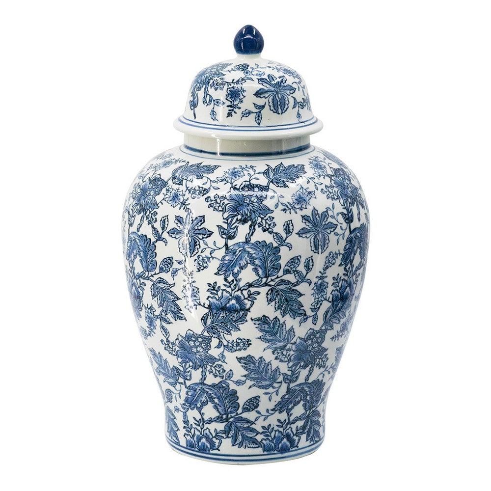 Brady Ginger Jar with Dome Lid, Floral Pattern Blue-White Porcelain 23 Inch - BM350908