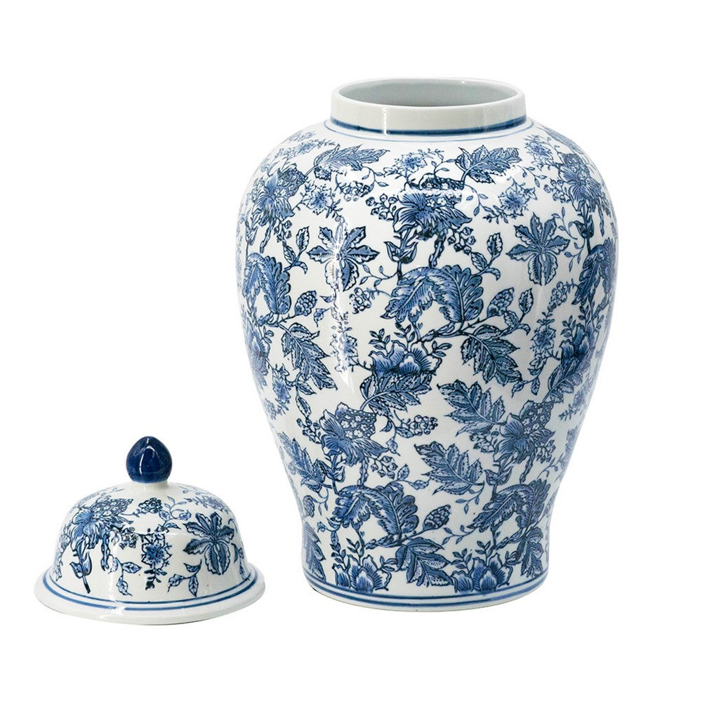 Brady Ginger Jar with Dome Lid, Floral Pattern Blue-White Porcelain 23 Inch - BM350908