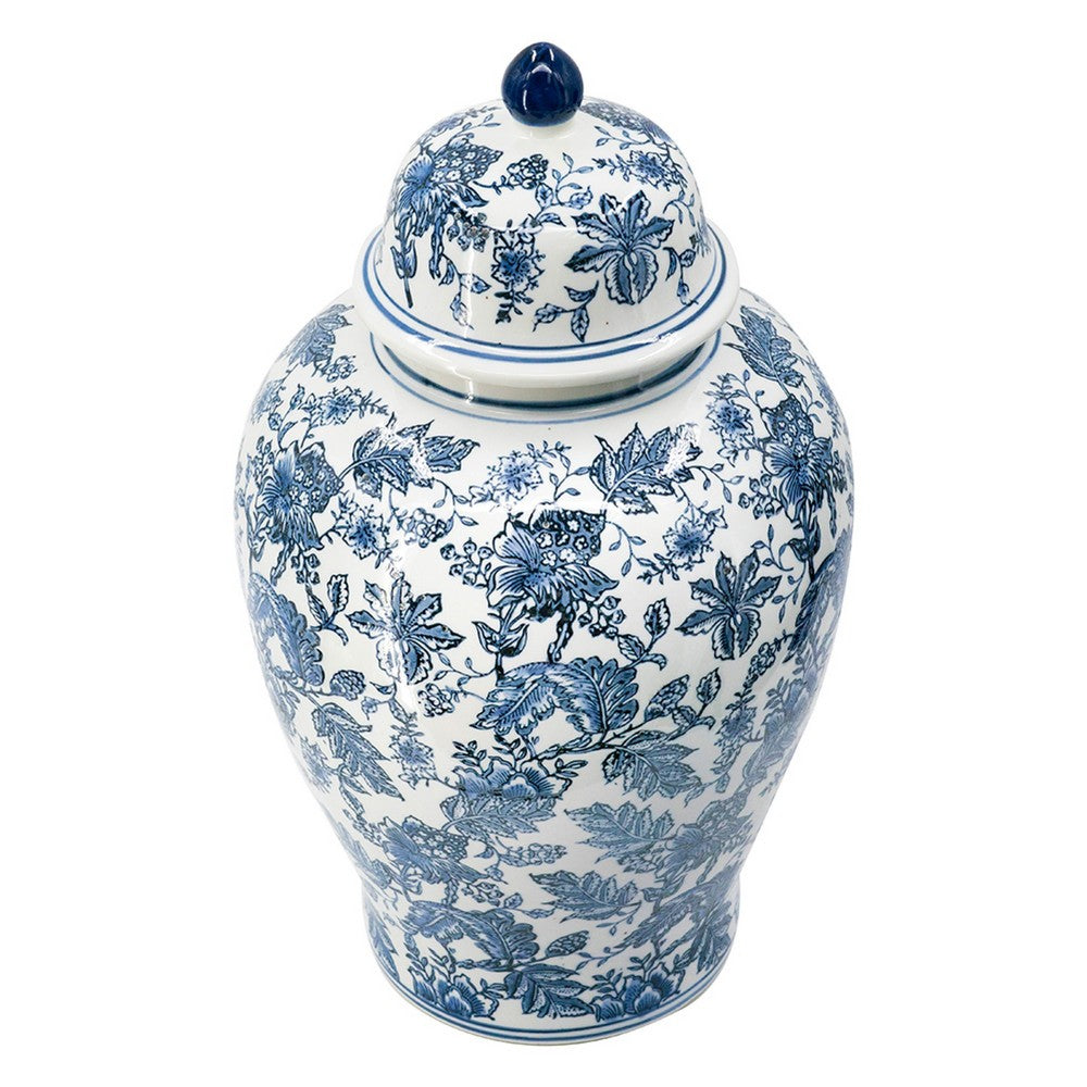 Brady Ginger Jar with Dome Lid, Floral Pattern Blue-White Porcelain 23 Inch - BM350908